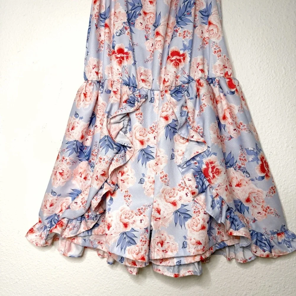 Nicole Miller sleeveless girl cold shoulder ruffle  romper blue pink size 10